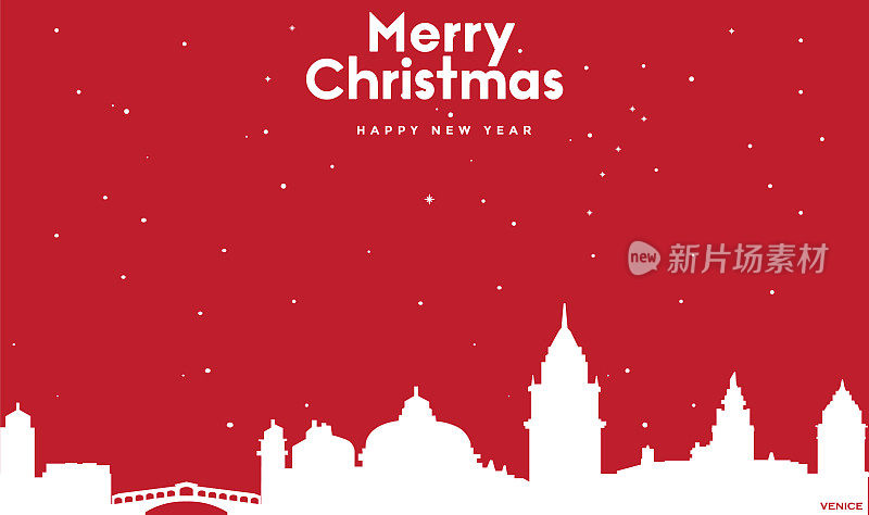Christmas and new year red greeting card with white cityscape of Venice